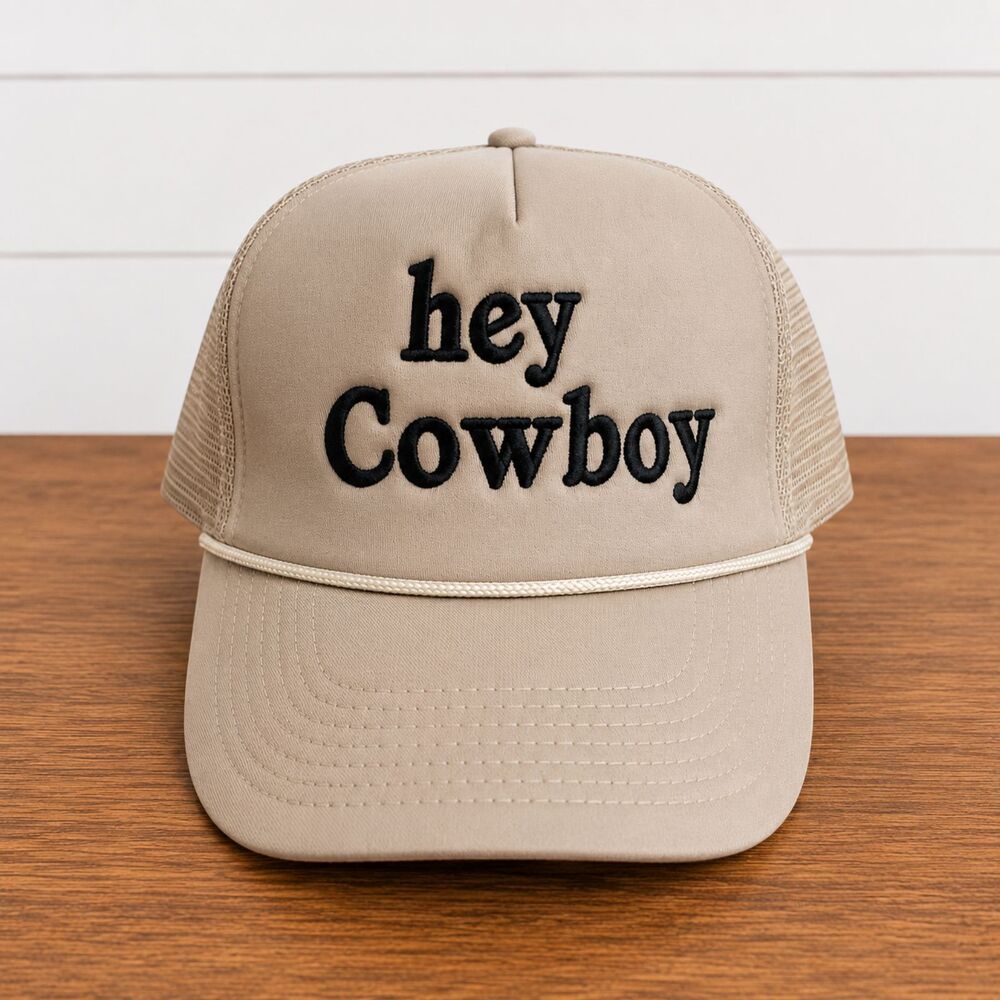 Hey Cowboy Trucker Hat Beige Embroidered Western Cowgirl Mesh Snapback
